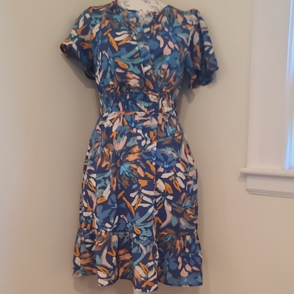 Floral Blue and Orange Women's Dress With Pockets